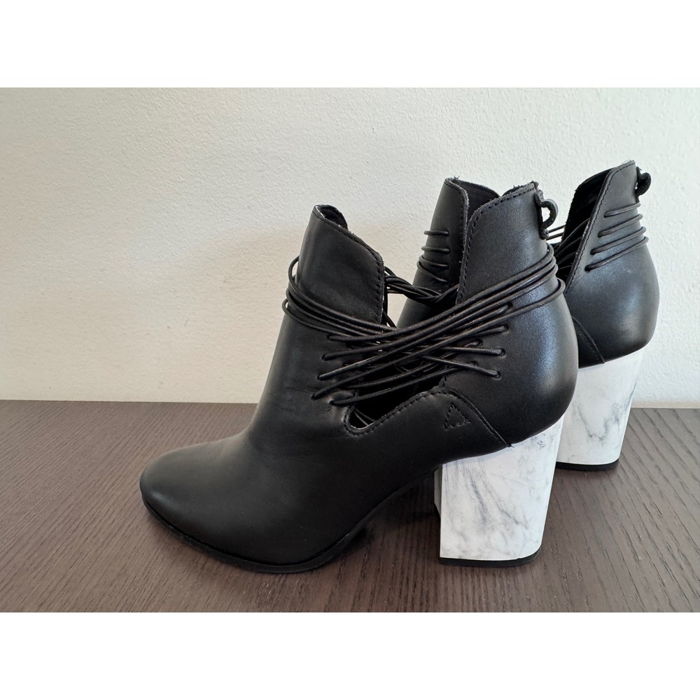 KDB Black Leather Cutout Ankle Boots Women 8 Marble Block‎ Heel Strappy Detail